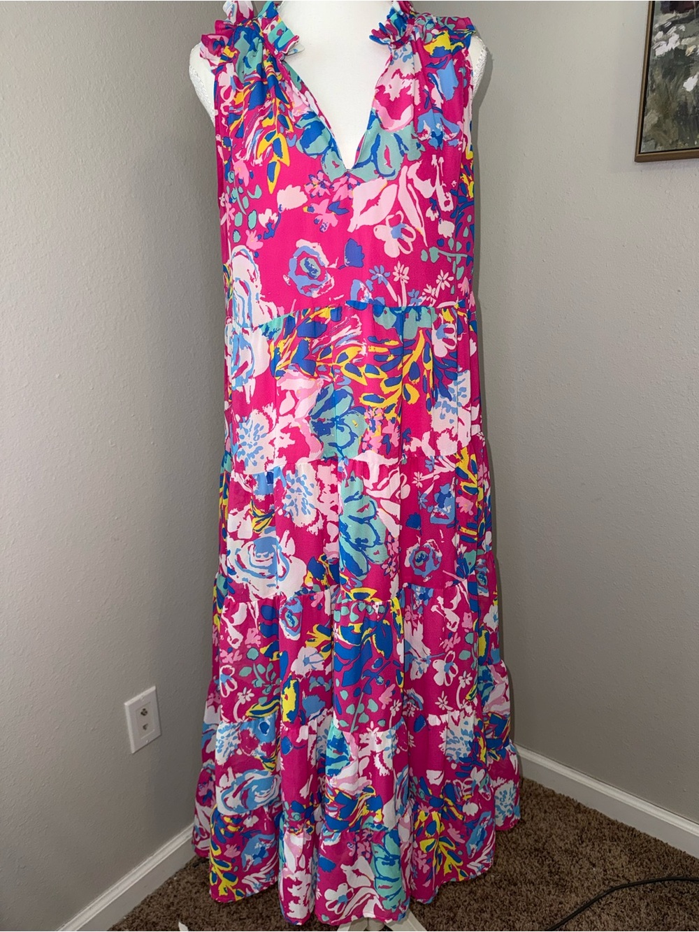 Mud Pie Pink Floral Ruffle V-Neck Maxi Dress